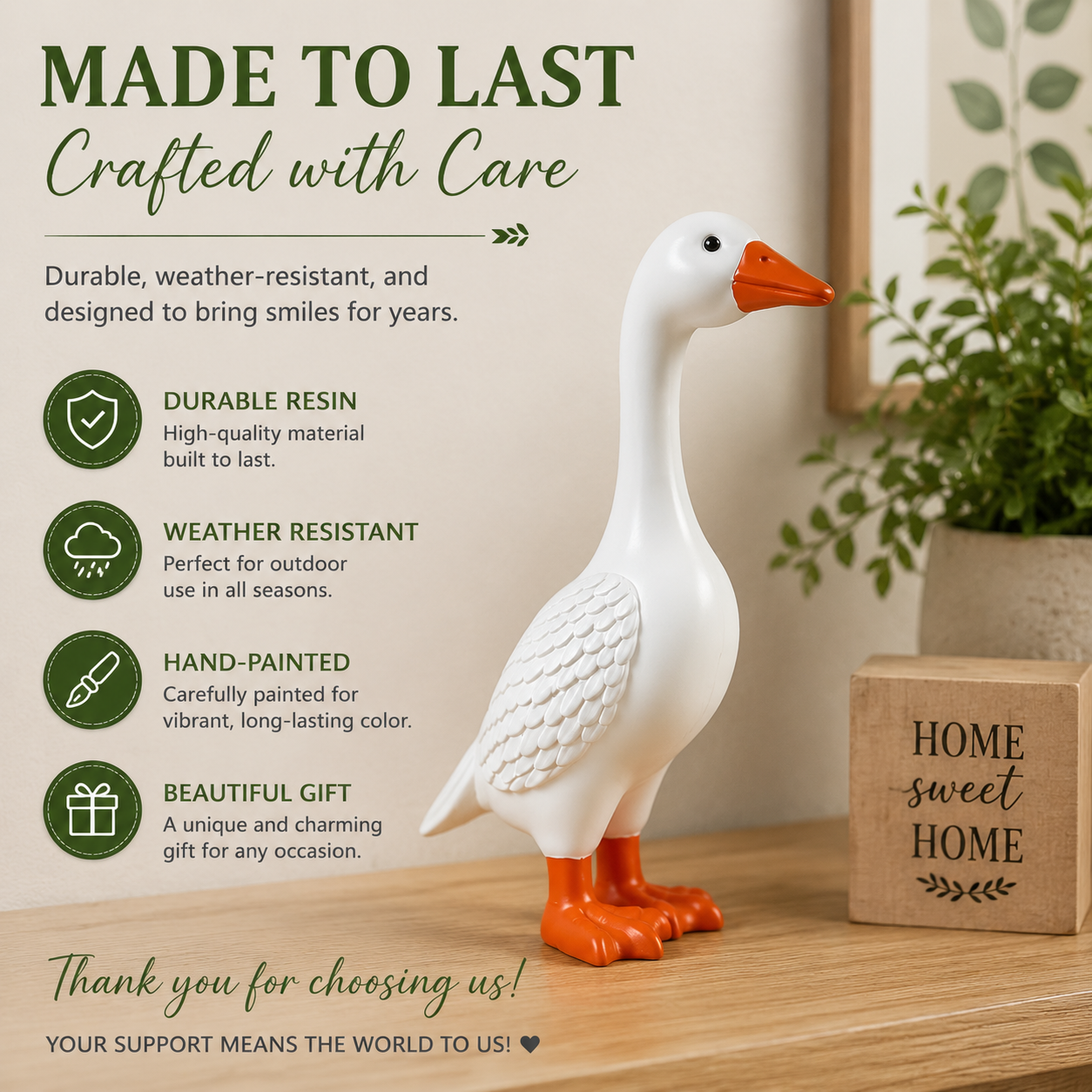 White Goose Garden Statue - Outdoor Home Decor Figurine for Patio Lawn, Farmhouse Accent & Unique Gift for Family Friends