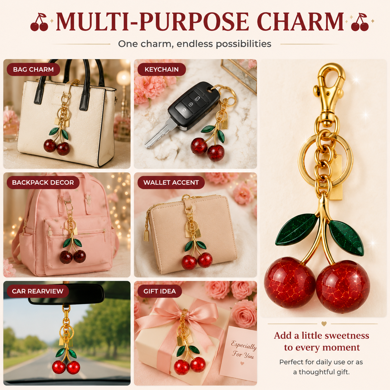 Sparkling Crystal Cherry Keychain Charm, Cute Fruit Bag Charm Pendant, Trendy Purse Accessories for Women, Aesthetic Gift for Birthday & Party