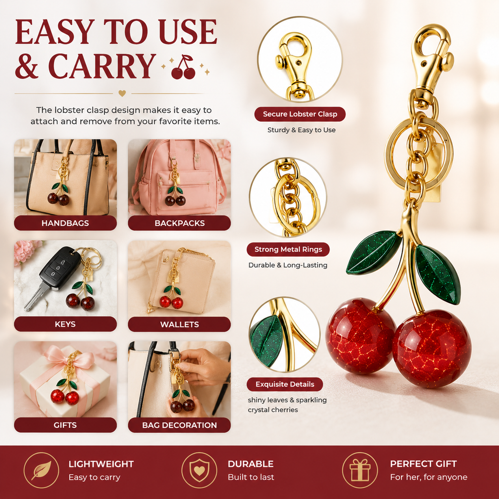 Sparkling Crystal Cherry Keychain Charm, Cute Fruit Bag Charm Pendant, Trendy Purse Accessories for Women, Aesthetic Gift for Birthday & Party