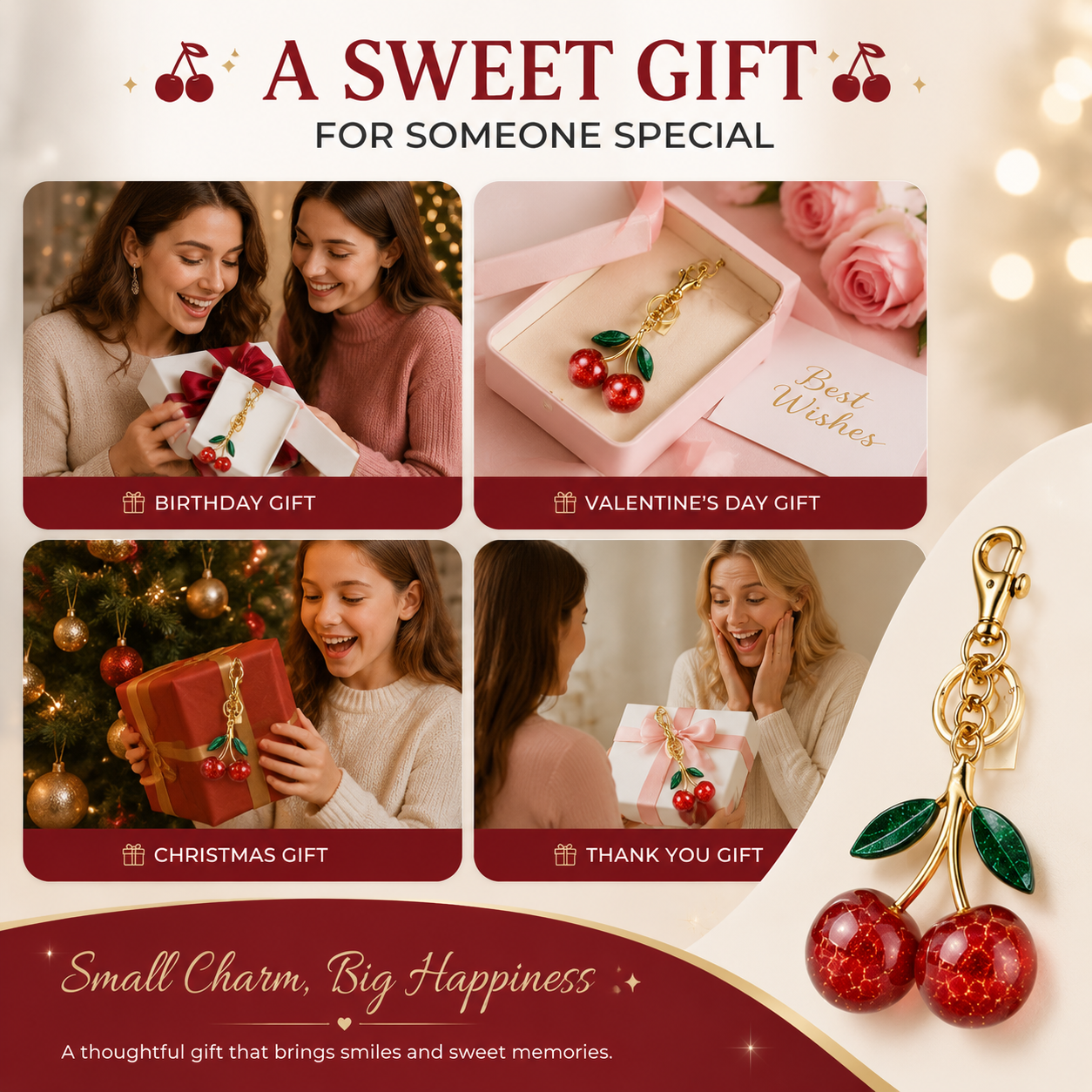Sparkling Crystal Cherry Keychain Charm, Cute Fruit Bag Charm Pendant, Trendy Purse Accessories for Women, Aesthetic Gift for Birthday & Party