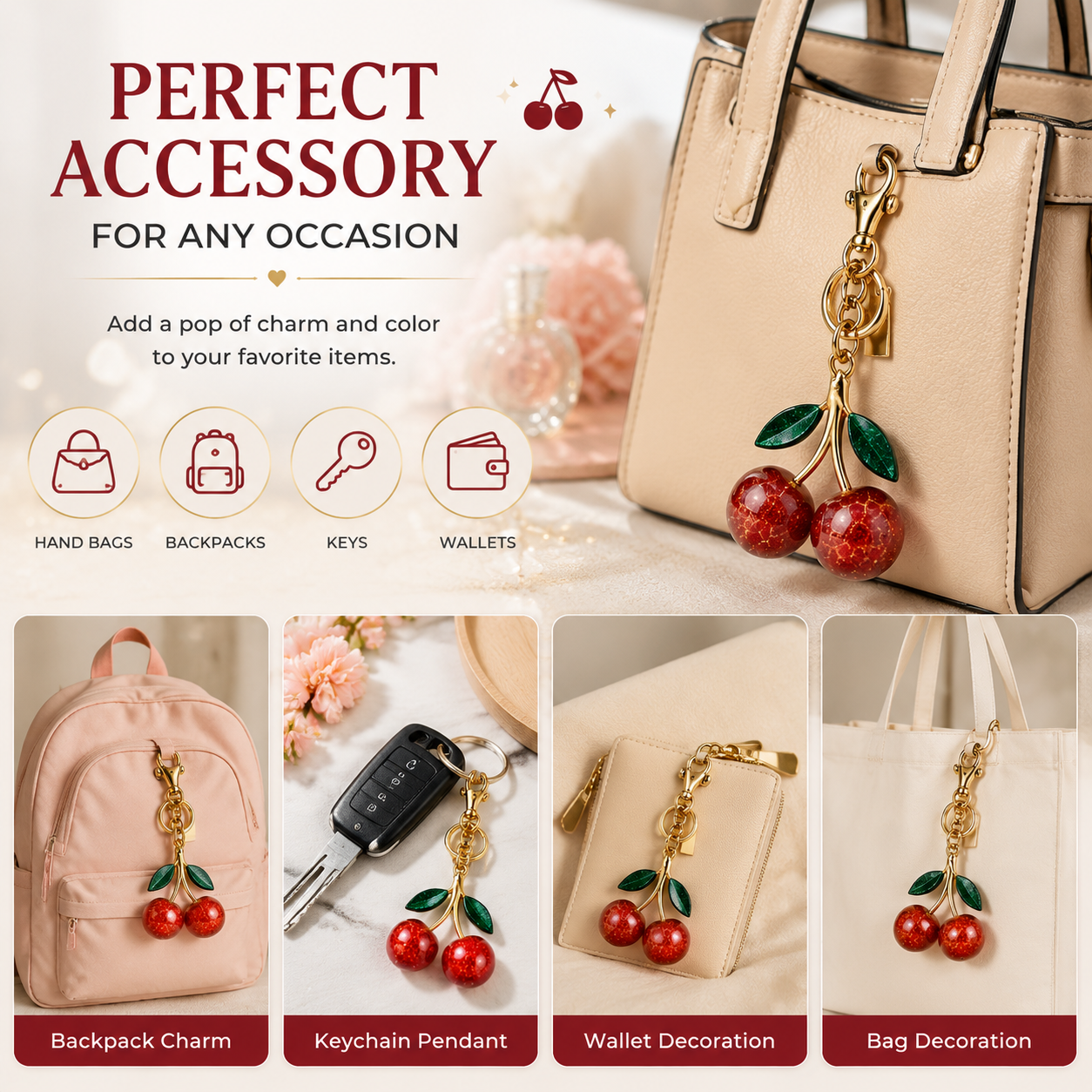 Sparkling Crystal Cherry Keychain Charm, Cute Fruit Bag Charm Pendant, Trendy Purse Accessories for Women, Aesthetic Gift for Birthday & Party