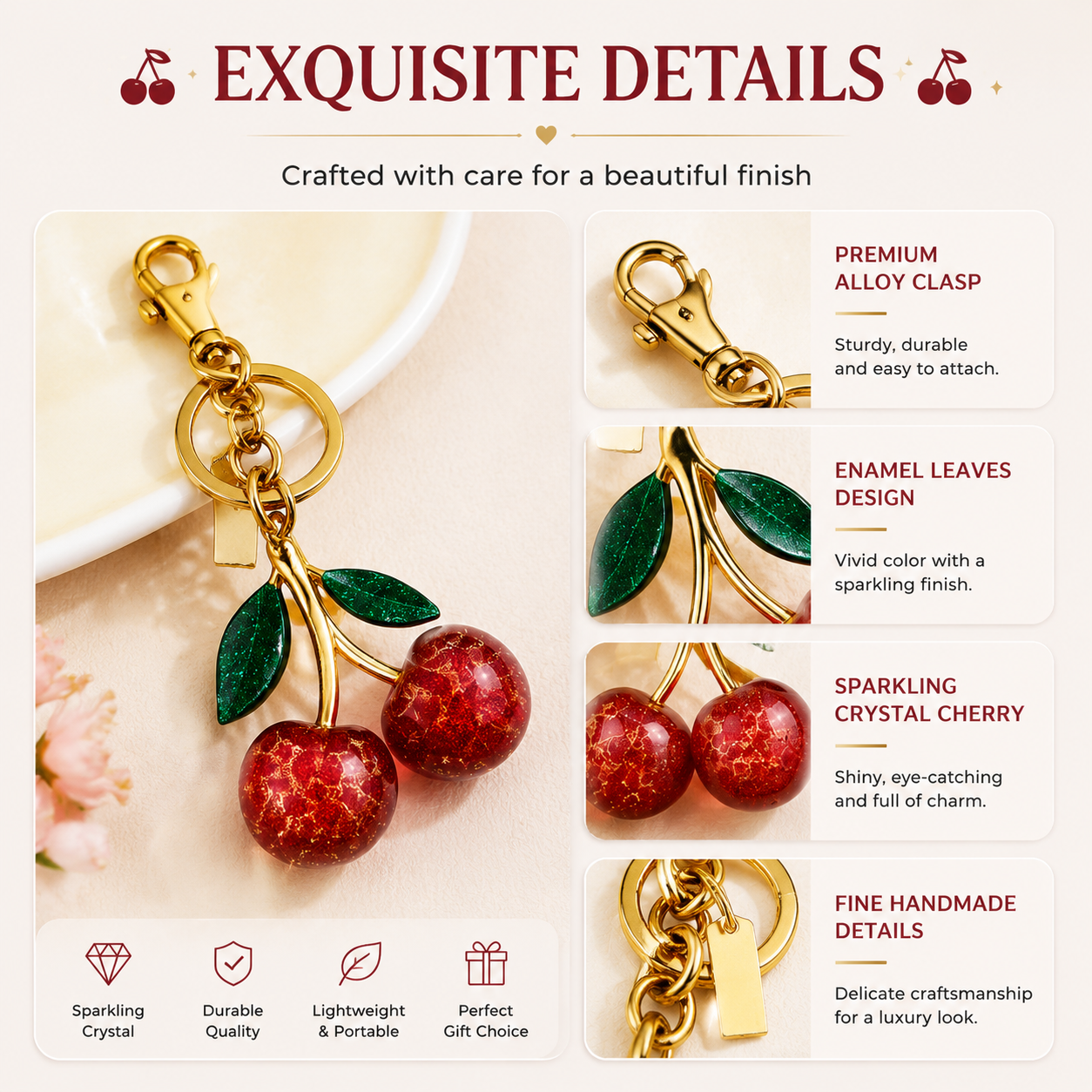 Sparkling Crystal Cherry Keychain Charm, Cute Fruit Bag Charm Pendant, Trendy Purse Accessories for Women, Aesthetic Gift for Birthday & Party