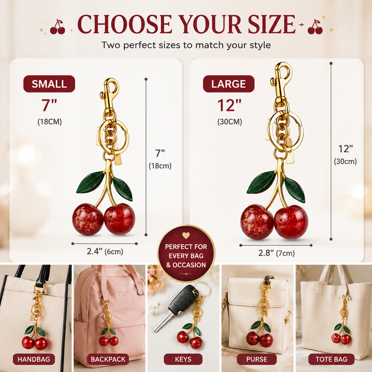 Sparkling Crystal Cherry Keychain Charm, Cute Fruit Bag Charm Pendant, Trendy Purse Accessories for Women, Aesthetic Gift for Birthday & Party