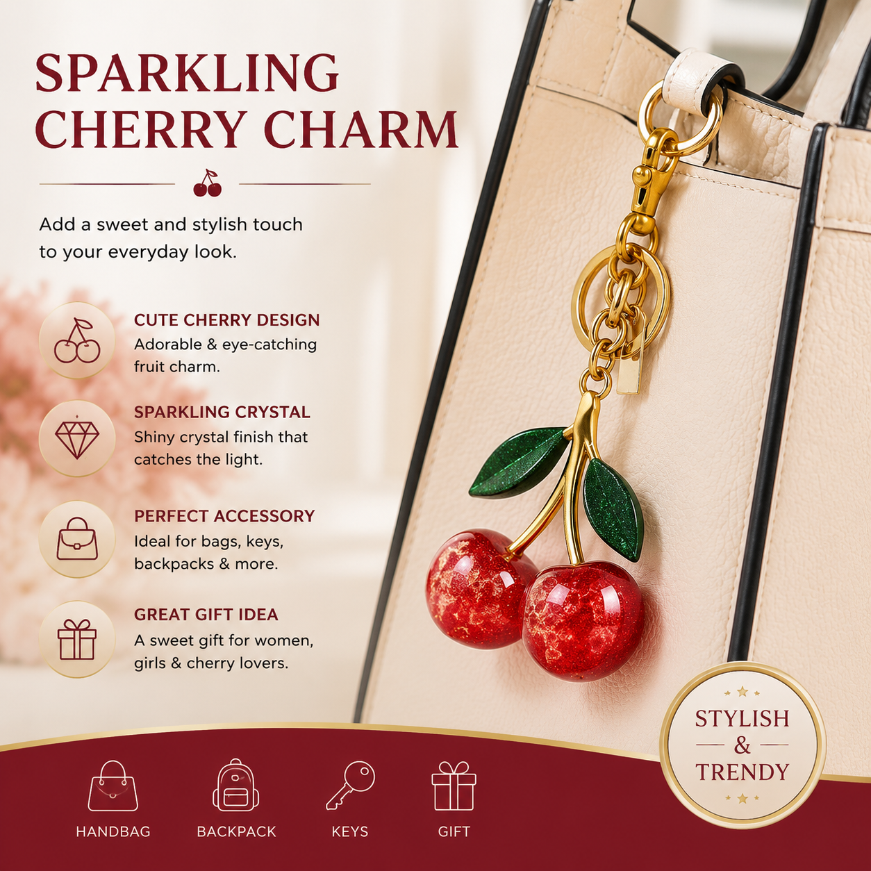 Sparkling Crystal Cherry Keychain Charm, Cute Fruit Bag Charm Pendant, Trendy Purse Accessories for Women, Aesthetic Gift for Birthday & Party