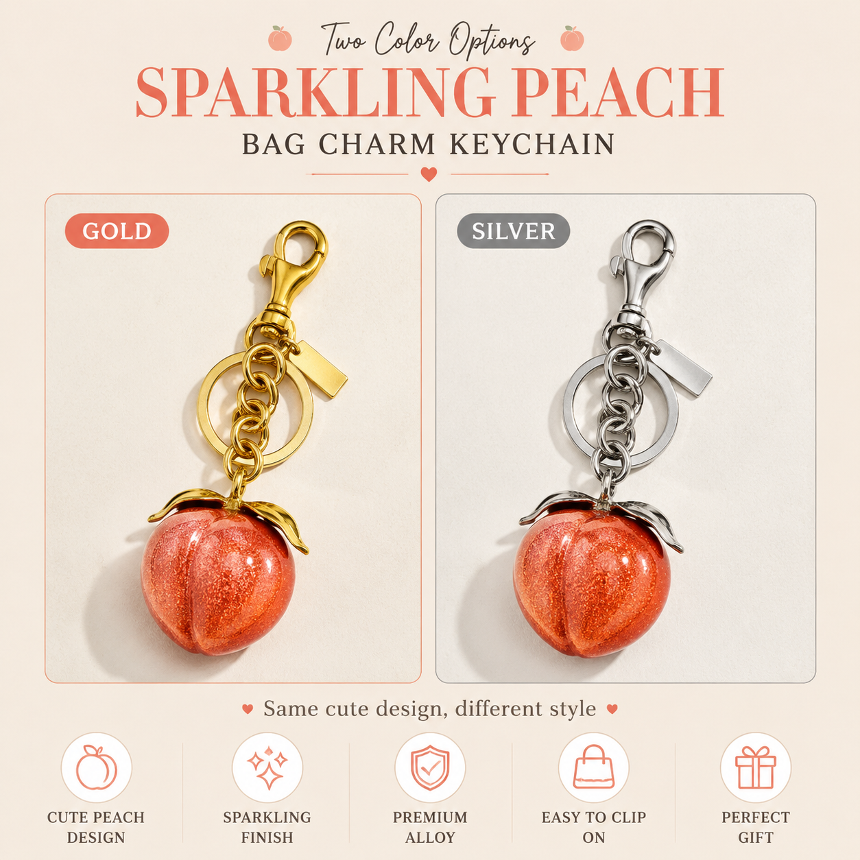 Sparkling Peach Bag Charm Keychain, Cute Fruit Pendant for Handbags, Purse Accessories, Girly Gift