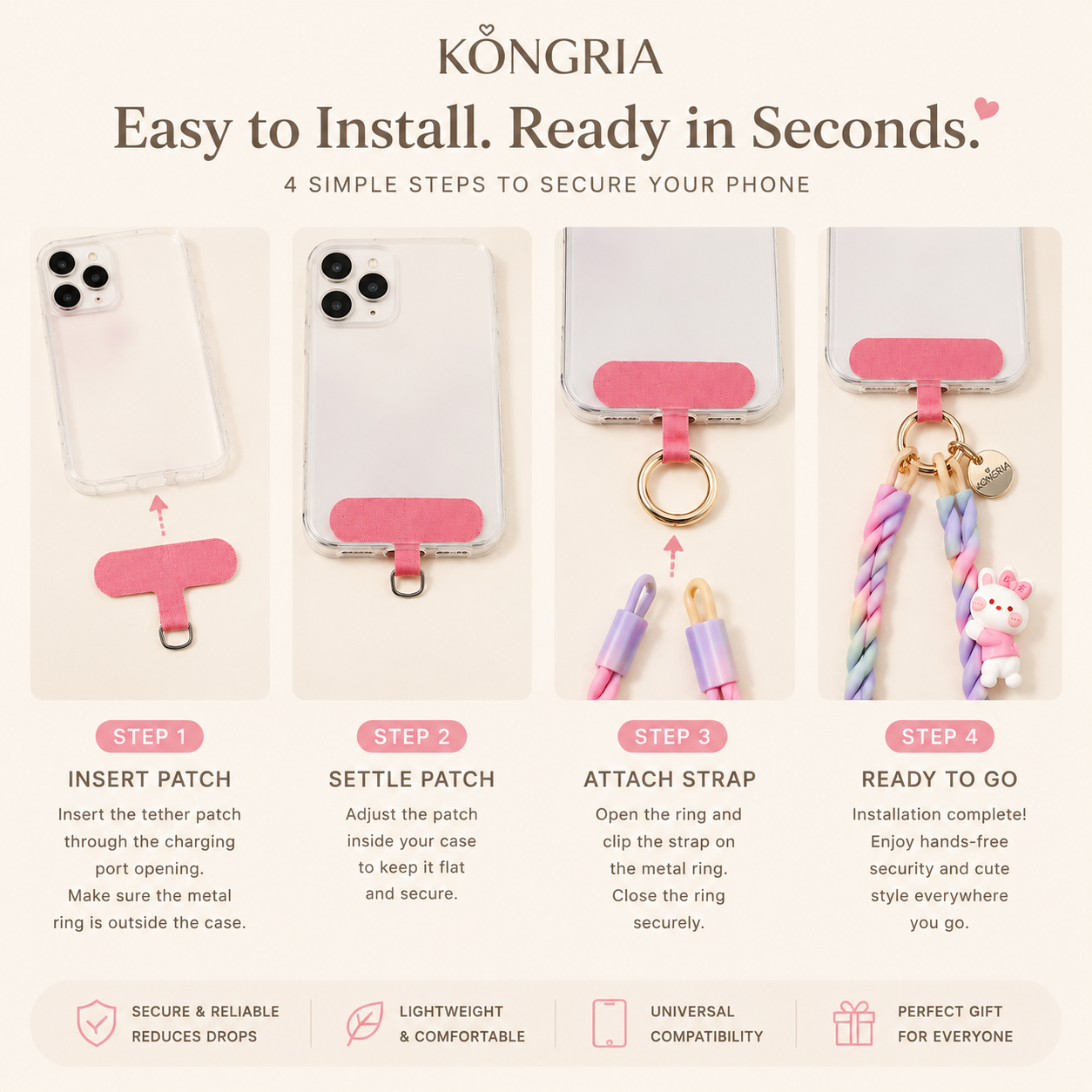 KONGRIA Cute Silicone Braided Phone Wrist Strap – Universal Phone Charm Lanyard