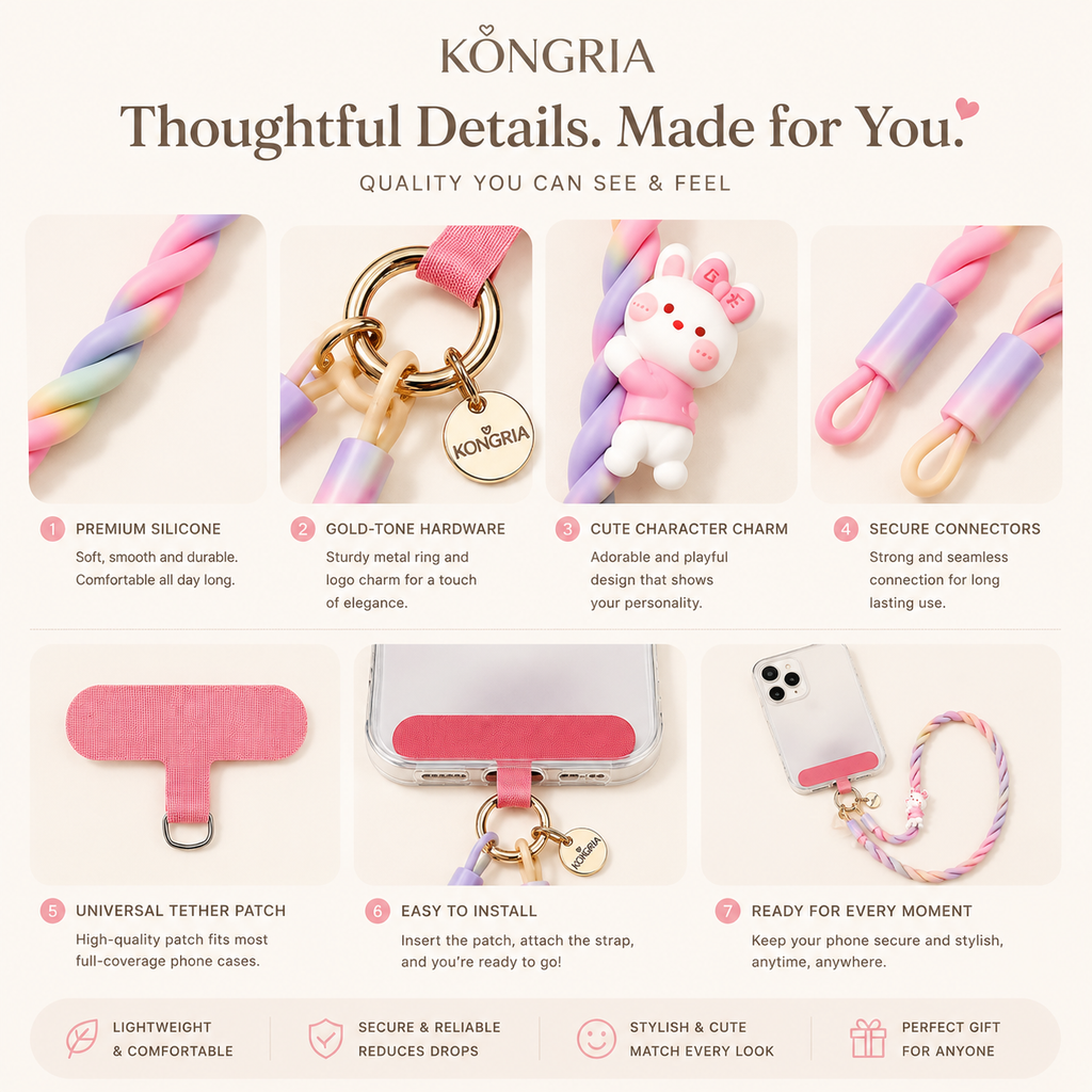 KONGRIA Cute Silicone Braided Phone Wrist Strap – Universal Phone Charm Lanyard