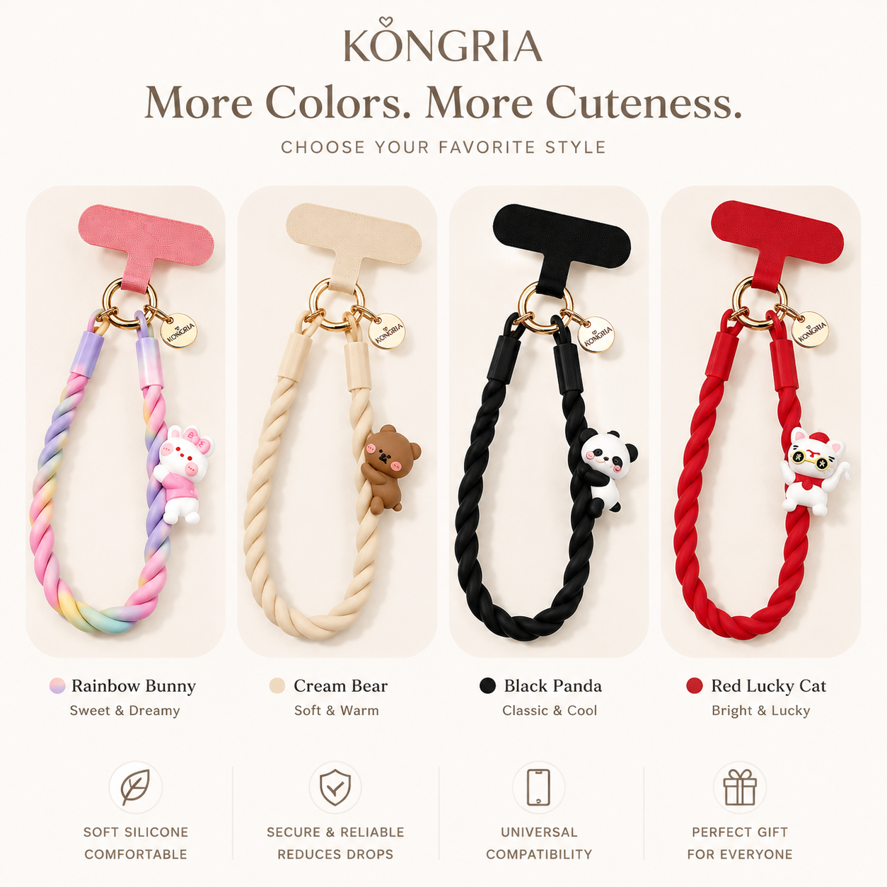 KONGRIA Cute Silicone Braided Phone Wrist Strap – Universal Phone Charm Lanyard