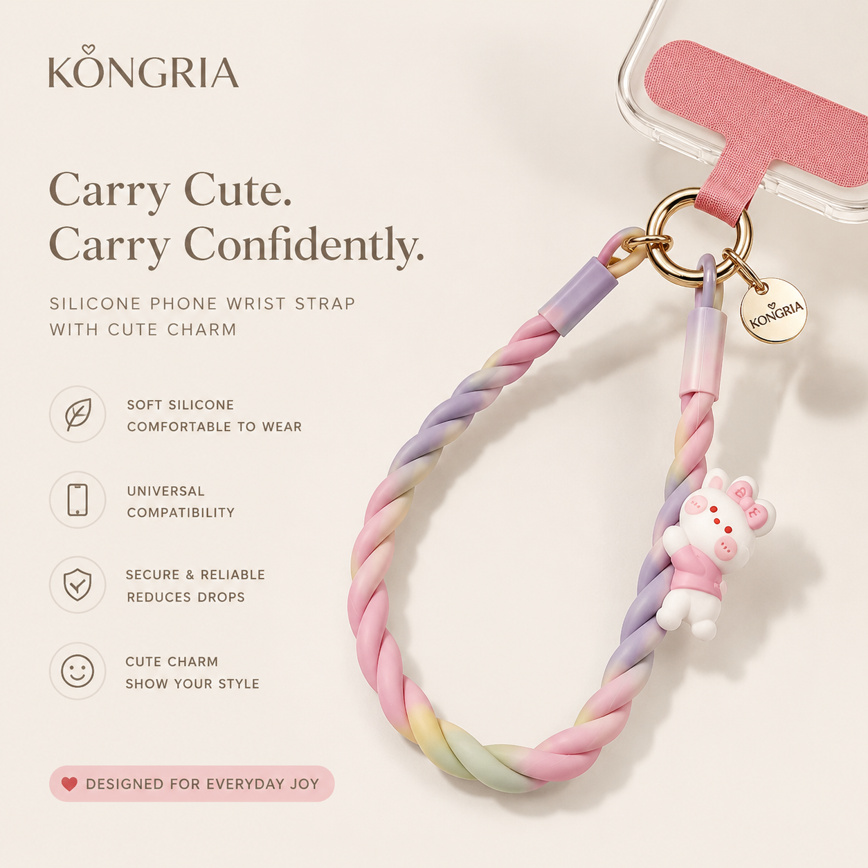 KONGRIA Cute Silicone Braided Phone Wrist Strap – Universal Phone Charm Lanyard