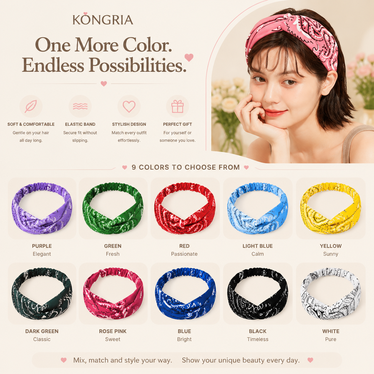 KONGRIA Vintage Bandana Headband – Stretch Twist Hair Band for Women