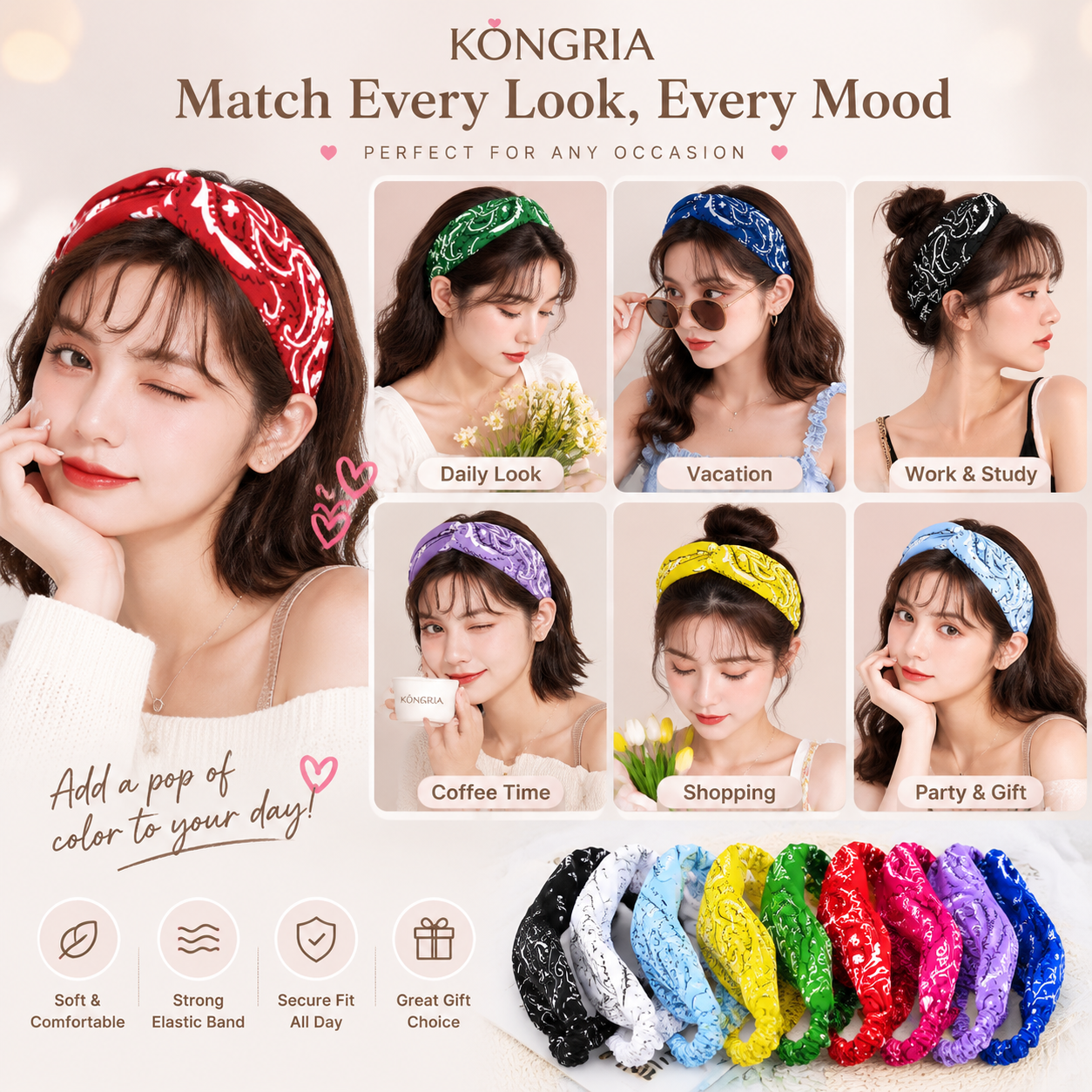 KONGRIA Vintage Bandana Headband – Stretch Twist Hair Band for Women