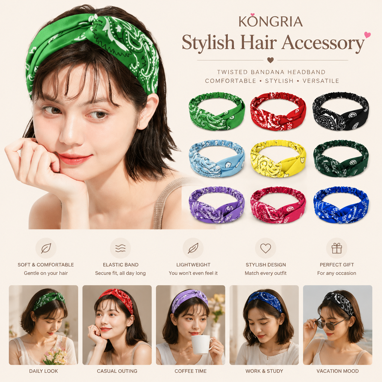 KONGRIA Vintage Bandana Headband – Stretch Twist Hair Band for Women