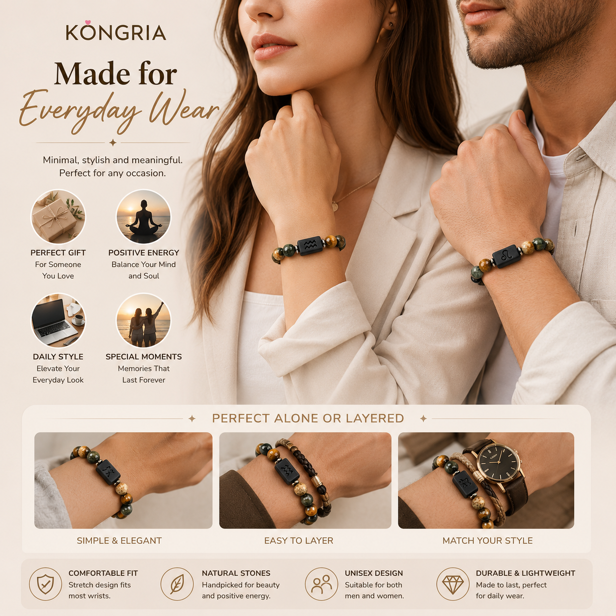 KONGRIA Zodiac Natural Stone Bracelet – 12 Zodiac Energy Beaded Bracelet