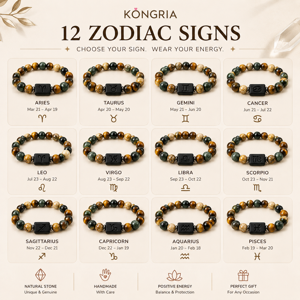 KONGRIA Zodiac Natural Stone Bracelet – 12 Zodiac Energy Beaded Bracelet