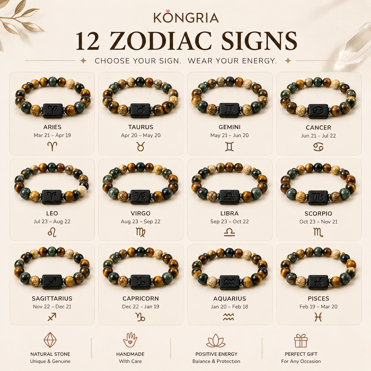 KONGRIA Zodiac Natural Stone Bracelet – 12 Zodiac Energy Beaded Bracelet