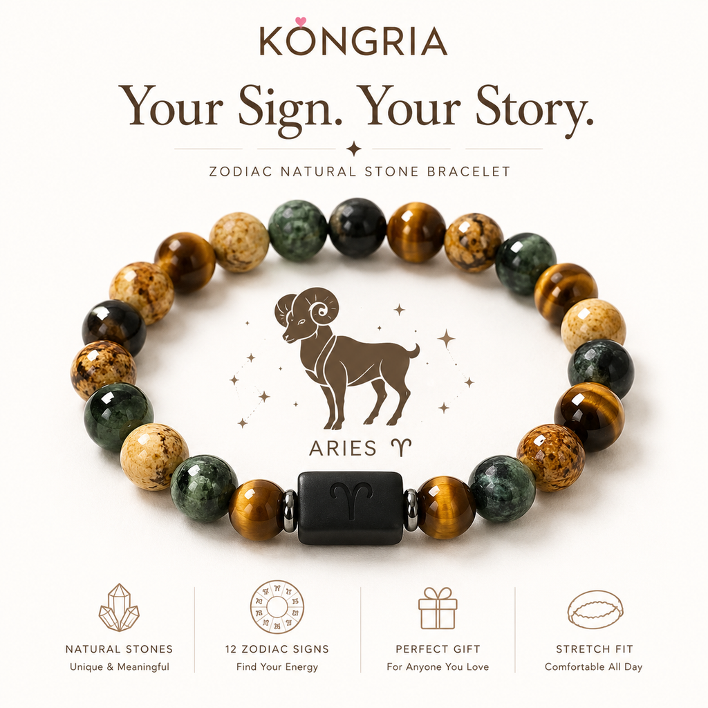 KONGRIA Zodiac Natural Stone Bracelet – 12 Zodiac Energy Beaded Bracelet