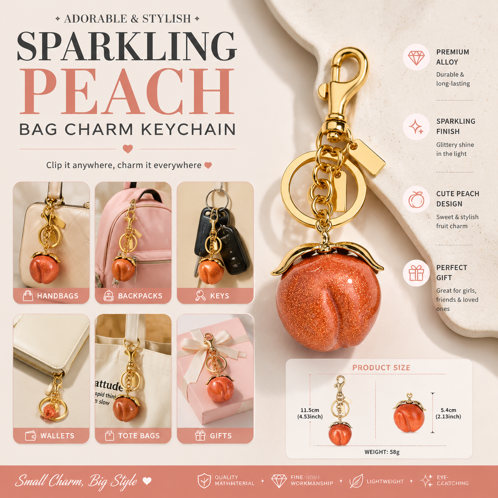 Sparkling Peach Bag Charm Keychain, Cute Fruit Pendant for Handbags, Purse Accessories, Girly Gift