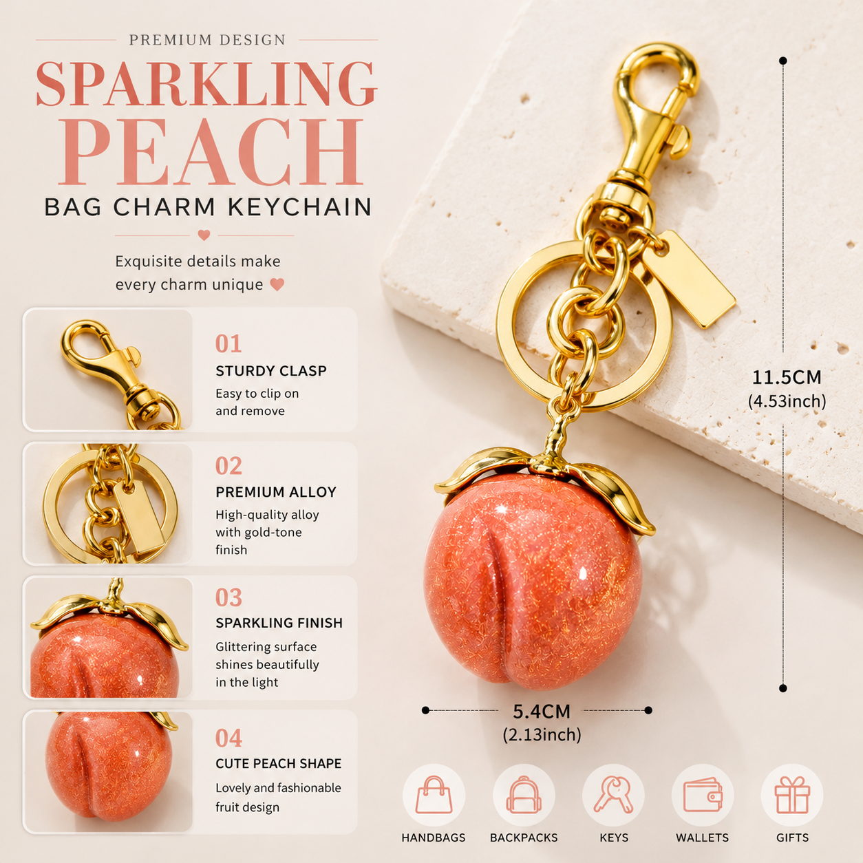 Sparkling Peach Bag Charm Keychain, Cute Fruit Pendant for Handbags, Purse Accessories, Girly Gift