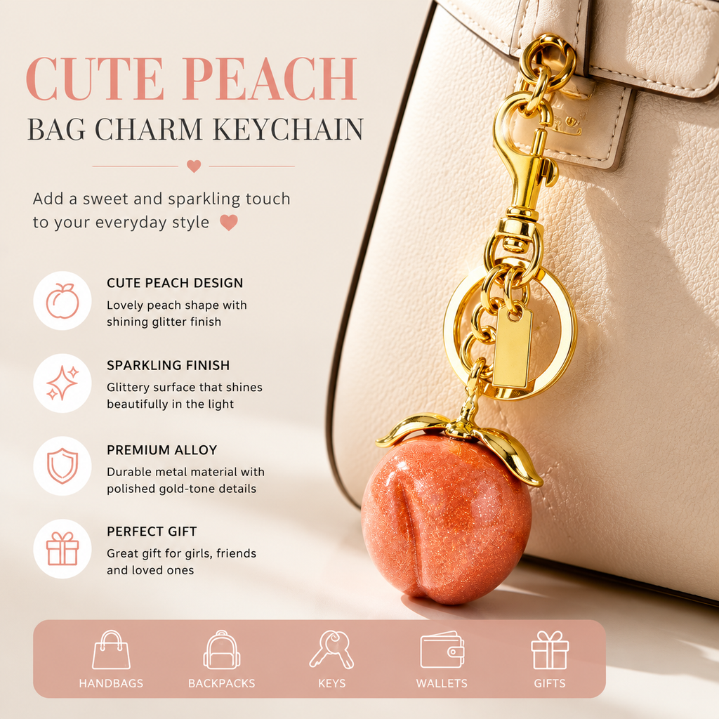 Sparkling Peach Bag Charm Keychain, Cute Fruit Pendant for Handbags, Purse Accessories, Girly Gift