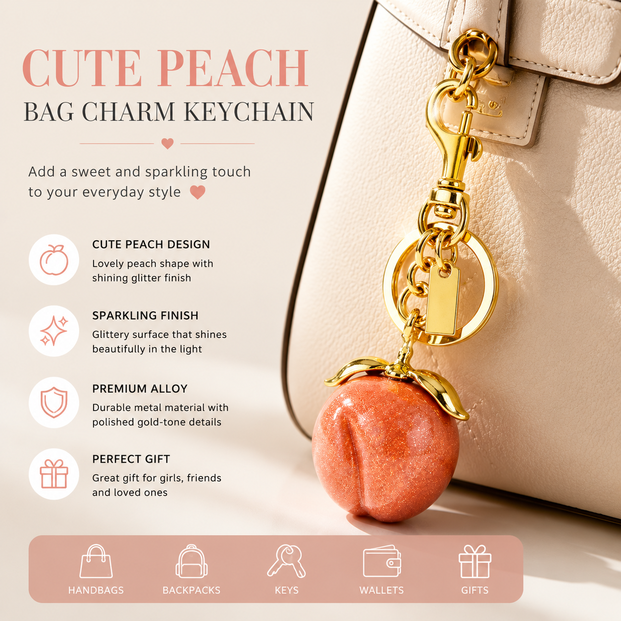Sparkling Peach Bag Charm Keychain, Cute Fruit Pendant for Handbags, Purse Accessories, Girly Gift