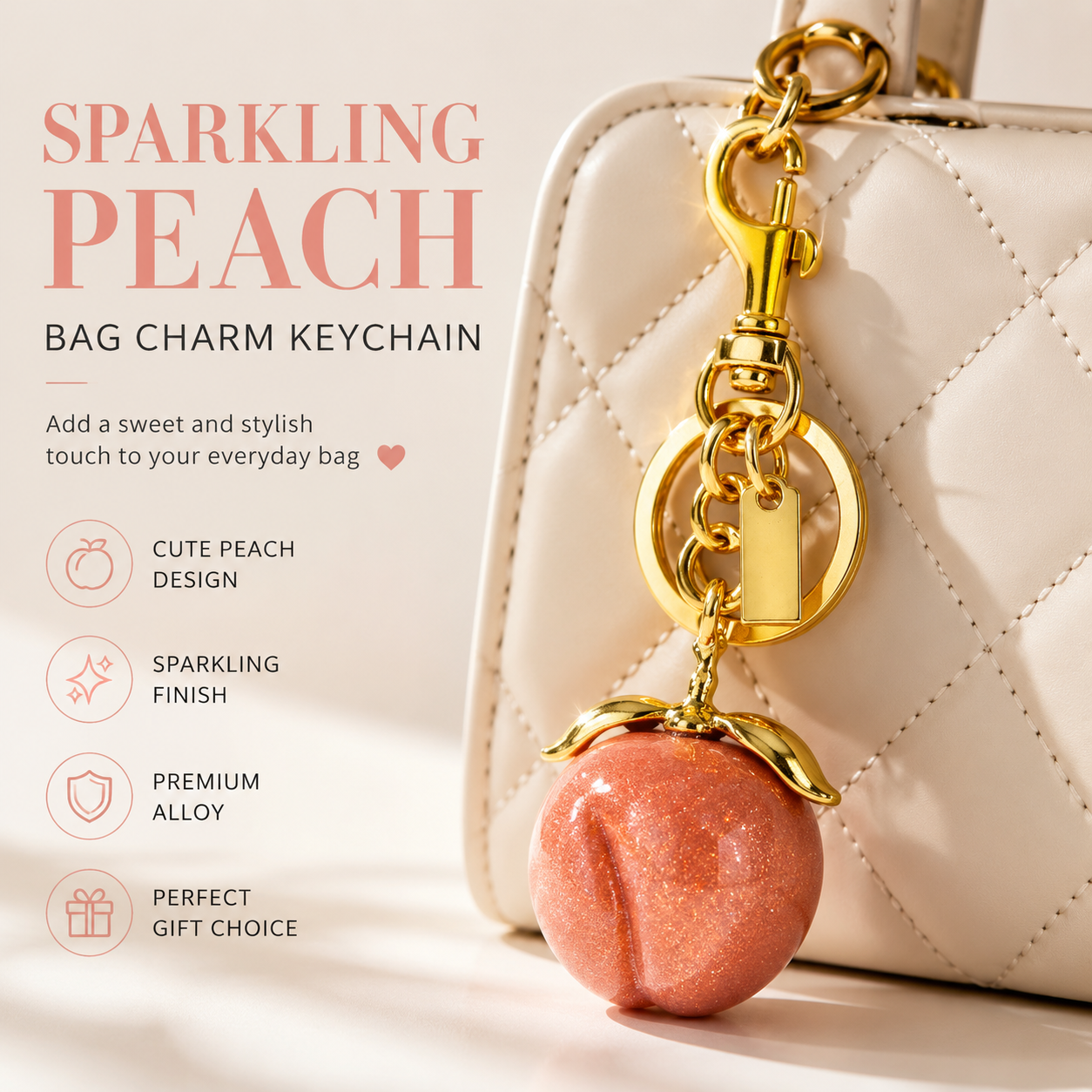 Sparkling Peach Bag Charm Keychain, Cute Fruit Pendant for Handbags, Purse Accessories, Girly Gift