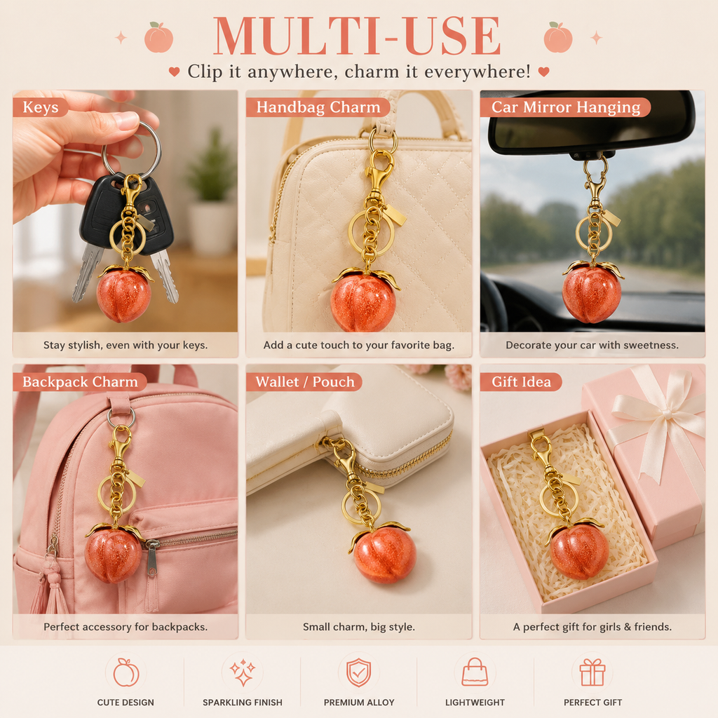 Sparkling Peach Bag Charm Keychain, Cute Fruit Pendant for Handbags, Purse Accessories, Girly Gift