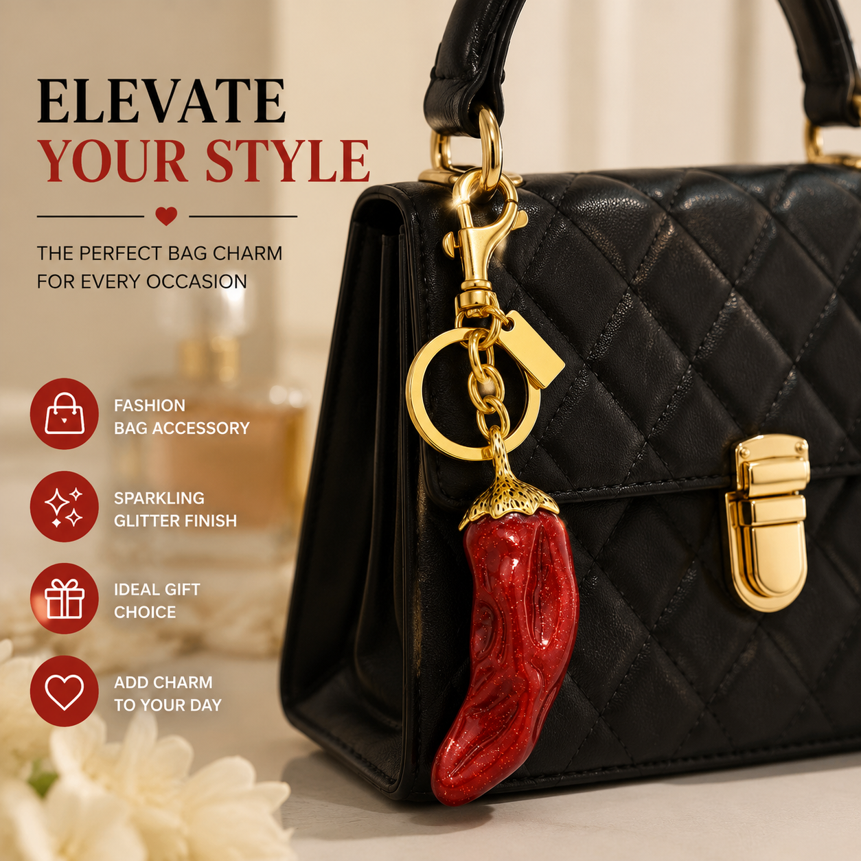 Cute Chili Pepper Bag Charm Keychain, Glitter Red Pepper Pendant, Trendy Handbag Decoration for Women & Girls