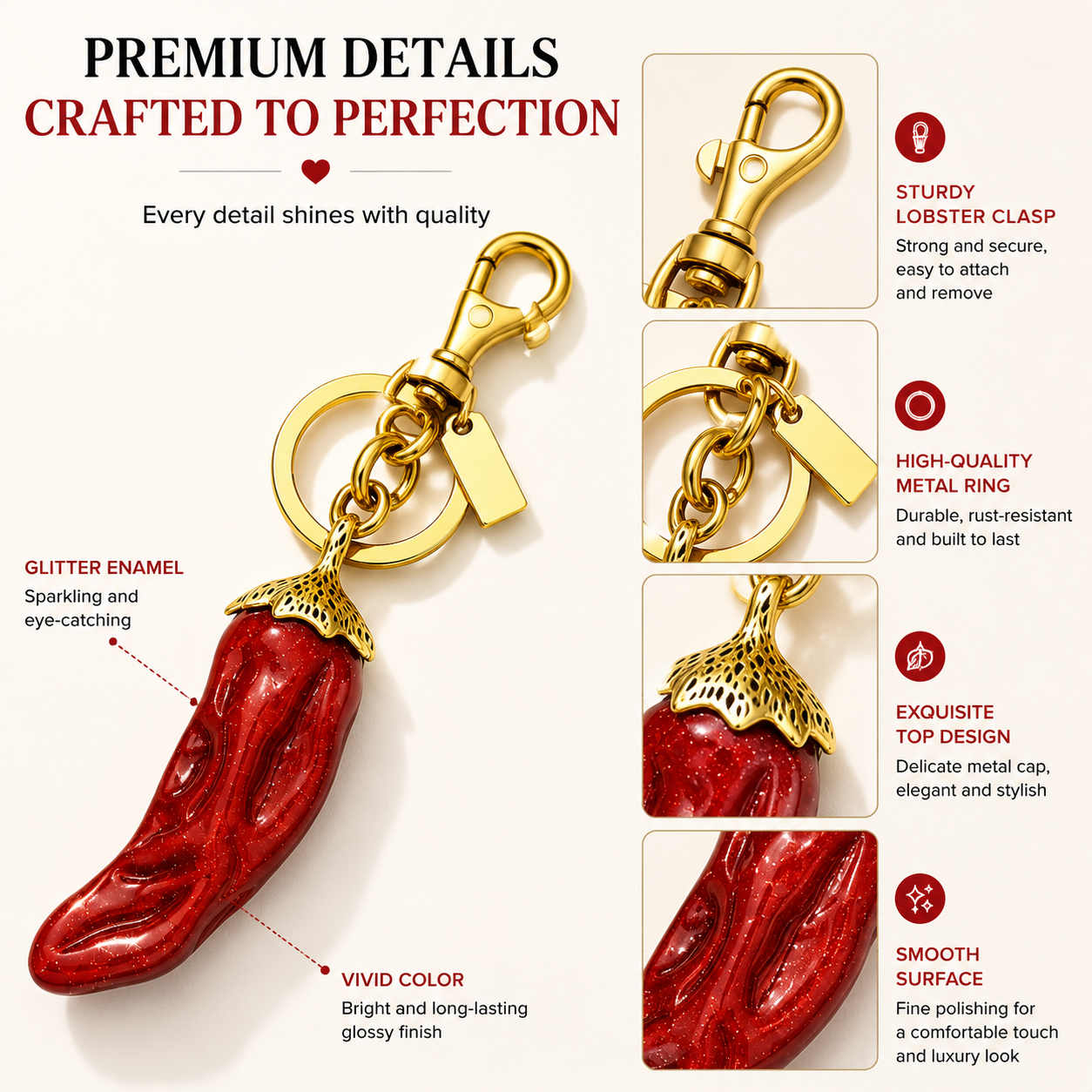 Cute Chili Pepper Bag Charm Keychain, Glitter Red Pepper Pendant, Trendy Handbag Decoration for Women & Girls