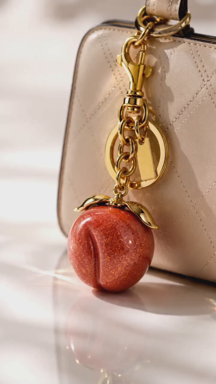 Sparkling Peach Bag Charm Keychain, Cute Fruit Pendant for Handbags, Purse Accessories, Girly Gift