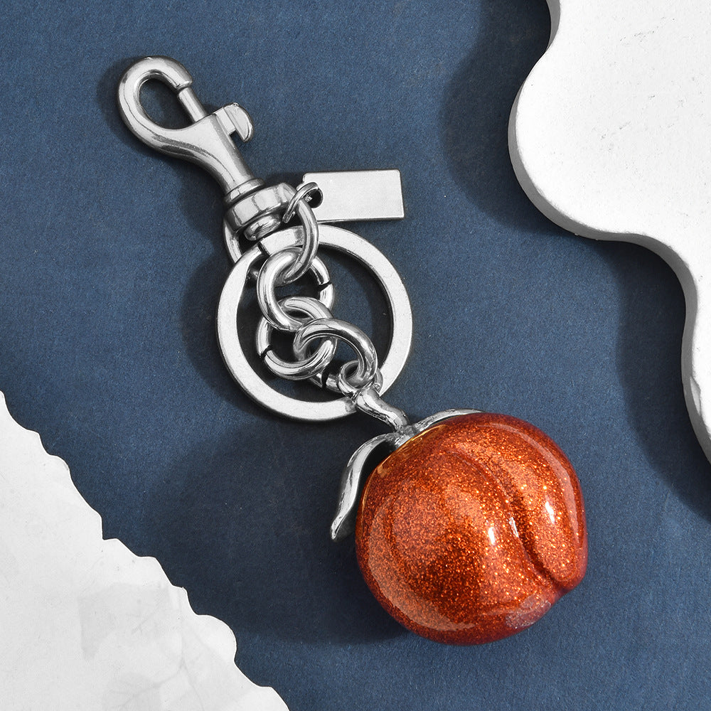 Sparkling Peach Bag Charm Keychain, Cute Fruit Pendant for Handbags, Purse Accessories, Girly Gift